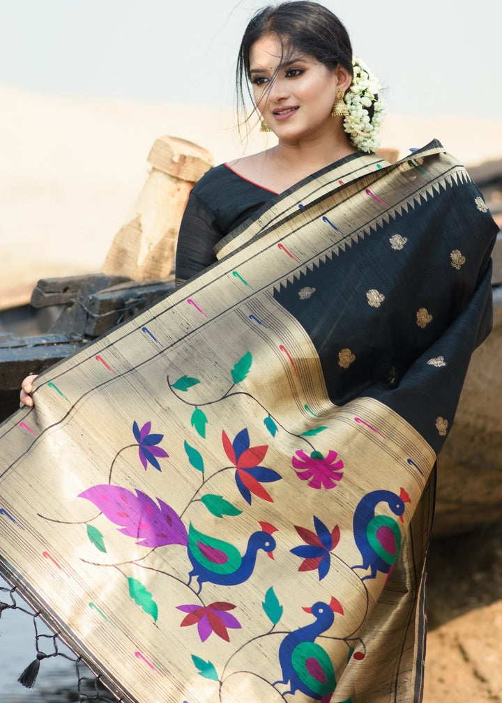 Midnight Black Paithani Tussar Silk Saree with Jacquard Weaving Butta overall