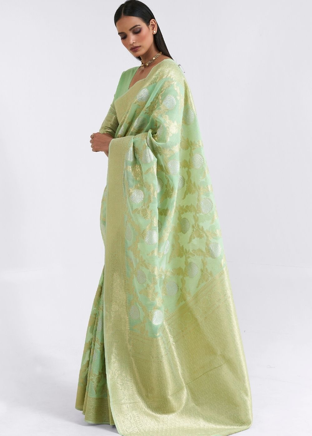 Mint Green Zari Woven Linen Silk Saree