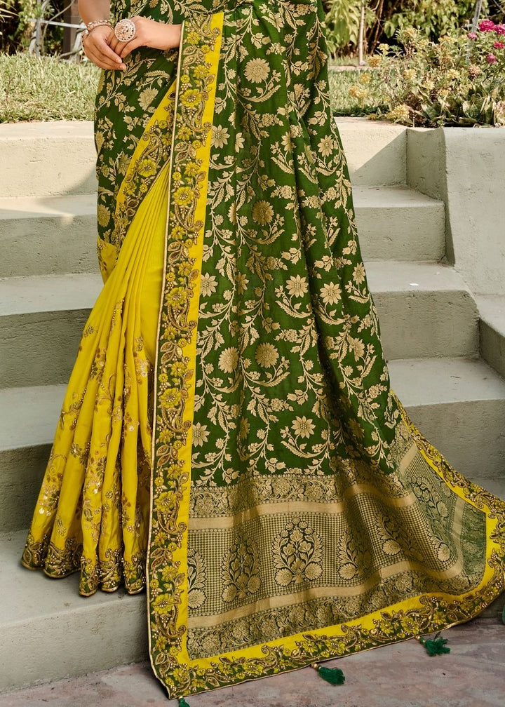 Yellow and Green Half N Half Silk Saree with Embroidered work