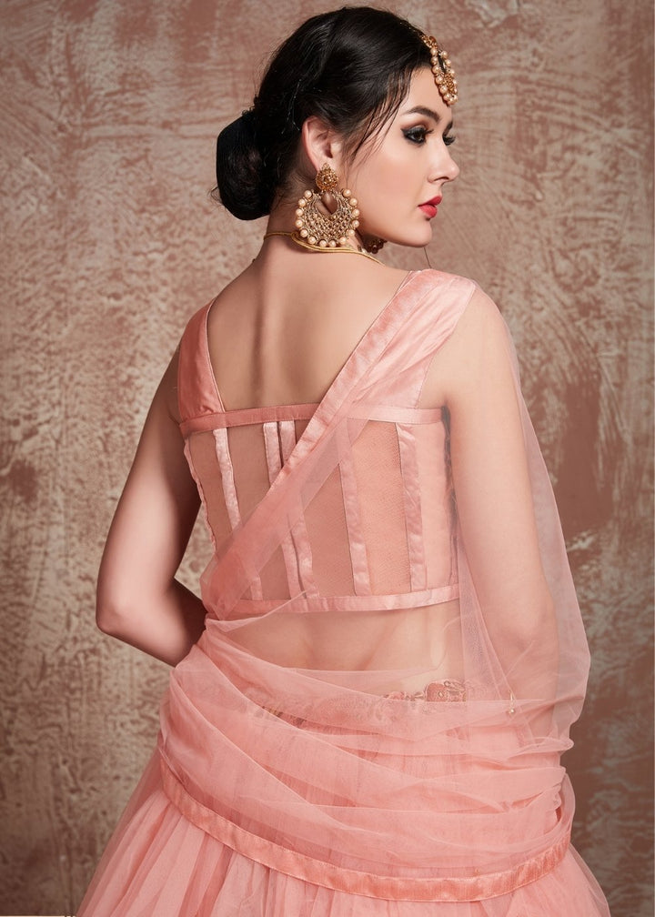 Rose Pink Designer Soft Net Lehenga with Sequins, Zari & Pearl work