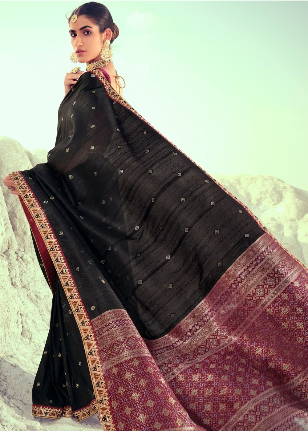 Jade Black Woven Banarasi Silk Saree with Embroidered Border & Swarovski work
