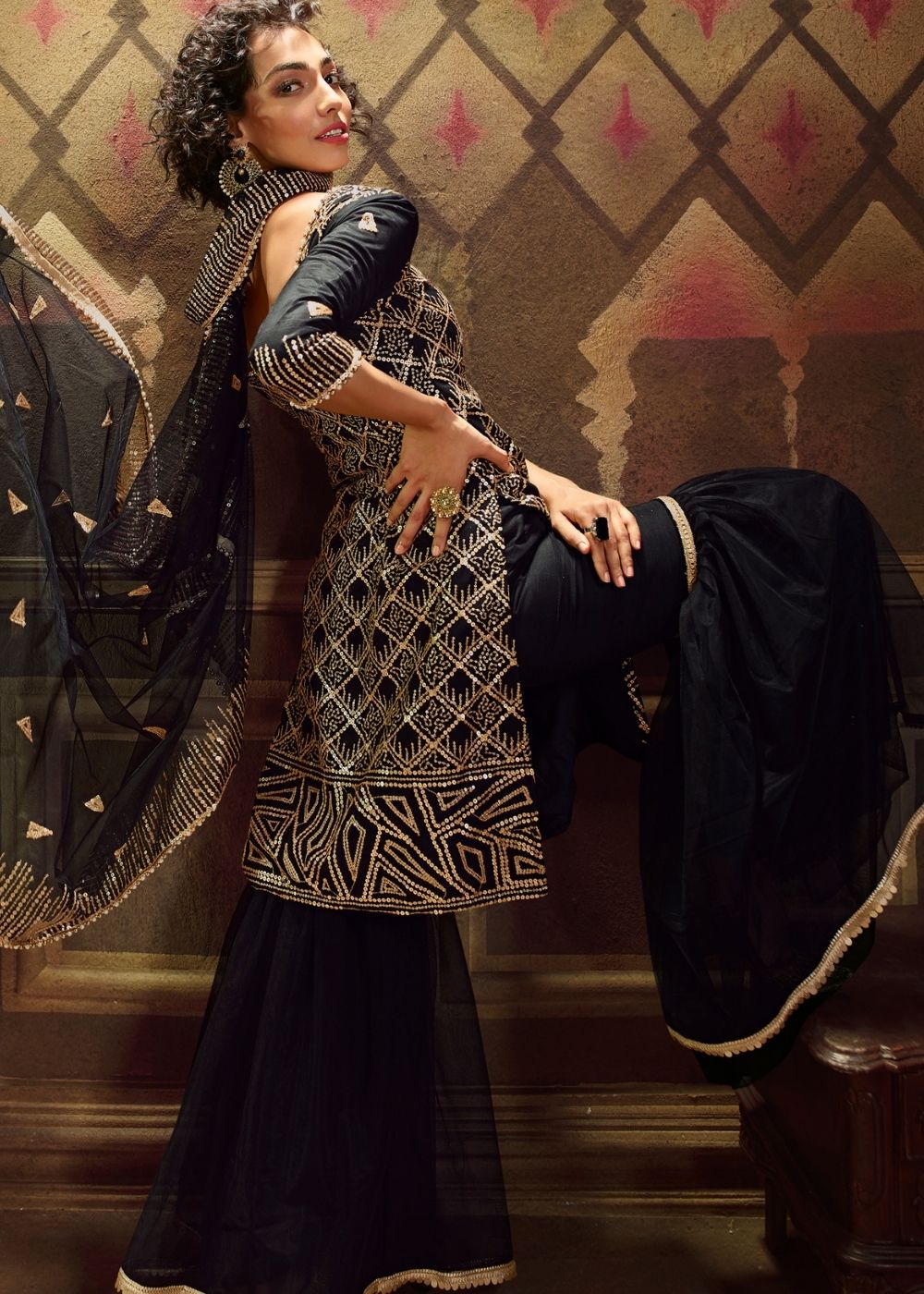 Midnight Black Designer Soft Net Sharara Suit with overall Sequins work