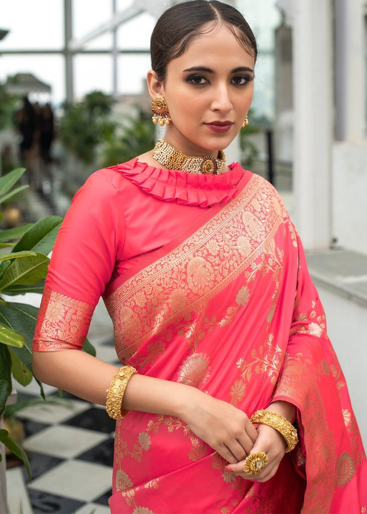 Punch Pink Soft Banarasi Silk Saree with Floral Zari work