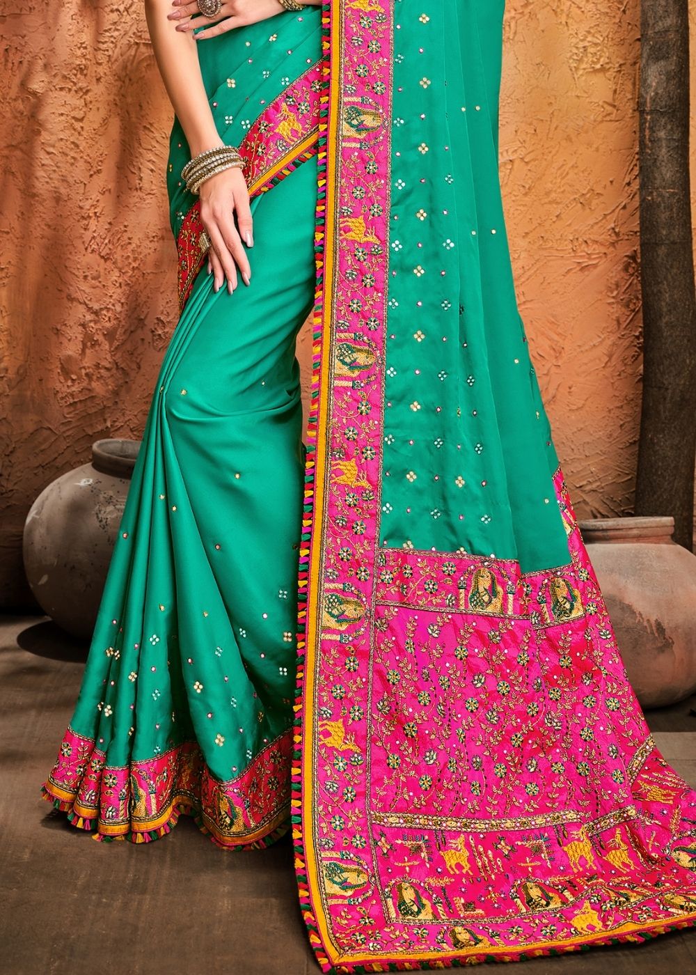 Turquoise Green Silk Saree with Mirror, Resham & Diamond work