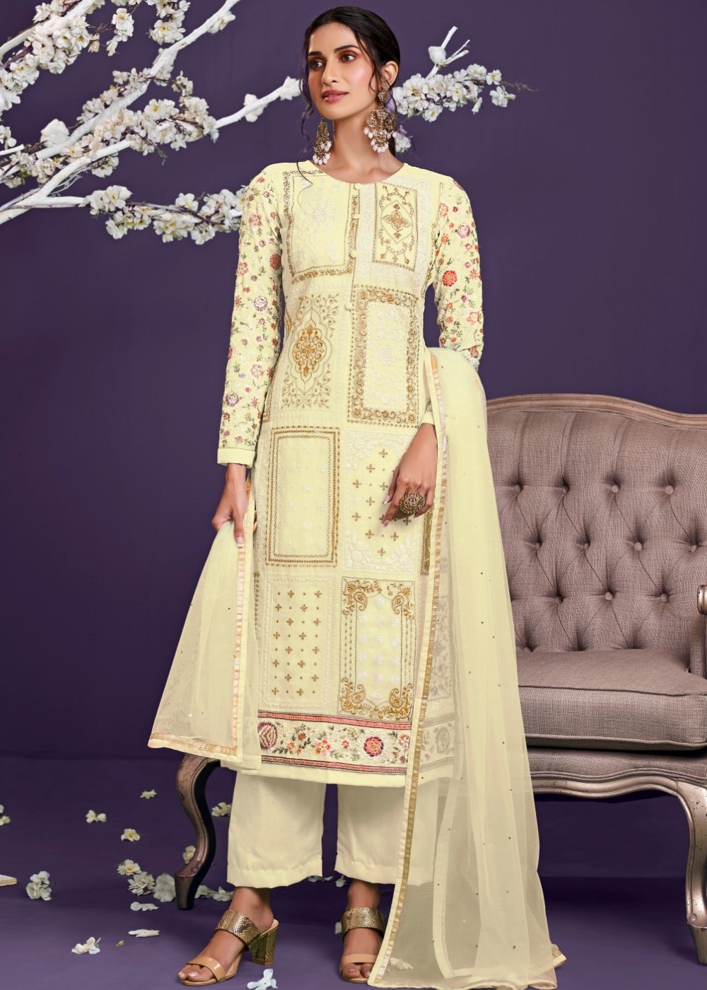 Blonde Yellow Georgette Salwar Suit with Thread, Zari & Sequence work