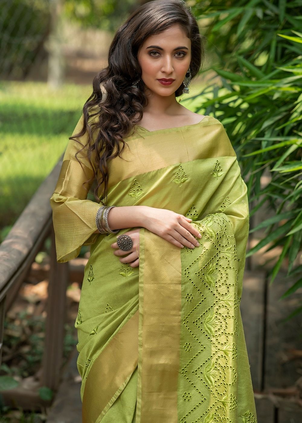 Pickle Green Assam Silk Saree with Cut-Work Embroidery