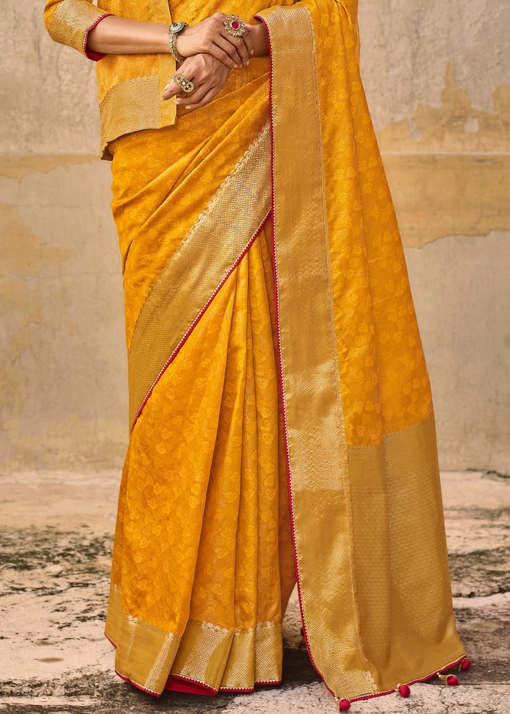 Saffron Yellow Jacquard Silk Saree with Zari Border & Pallu