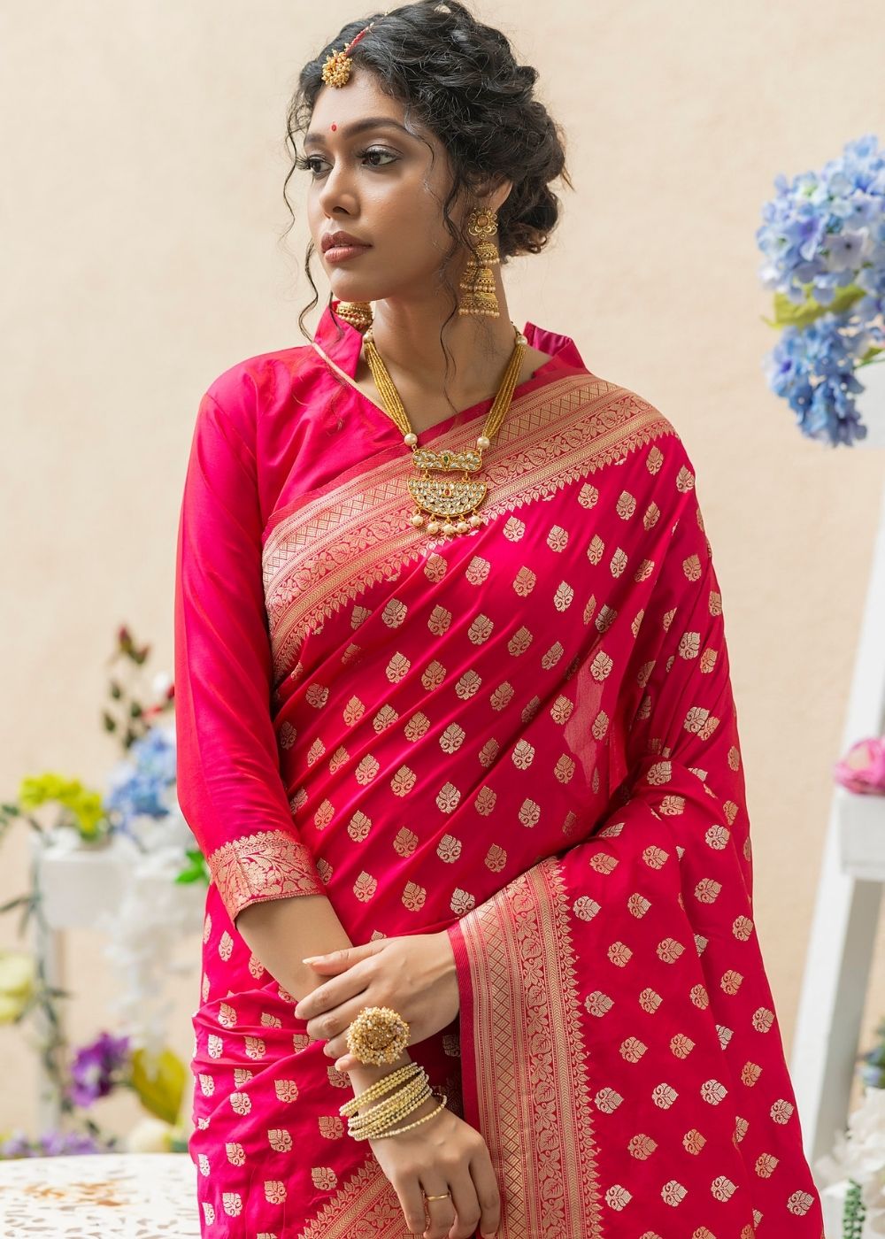 Ruby Pink Soft Banarasi Silk Saree with overall Butti