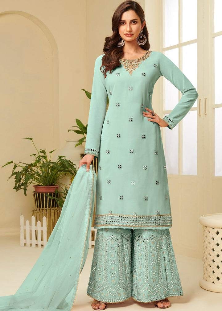 Powder Blue Georgette Sharara Suit with Gota work & Embroidery