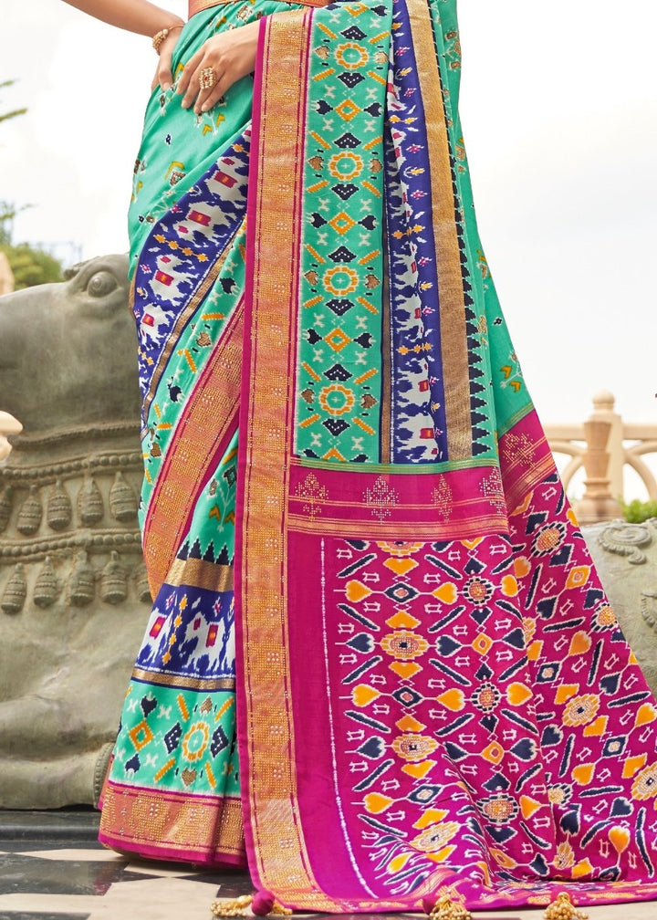 Blue & Pink Patola Silk Saree with Zari Border & Tassels On Pallu