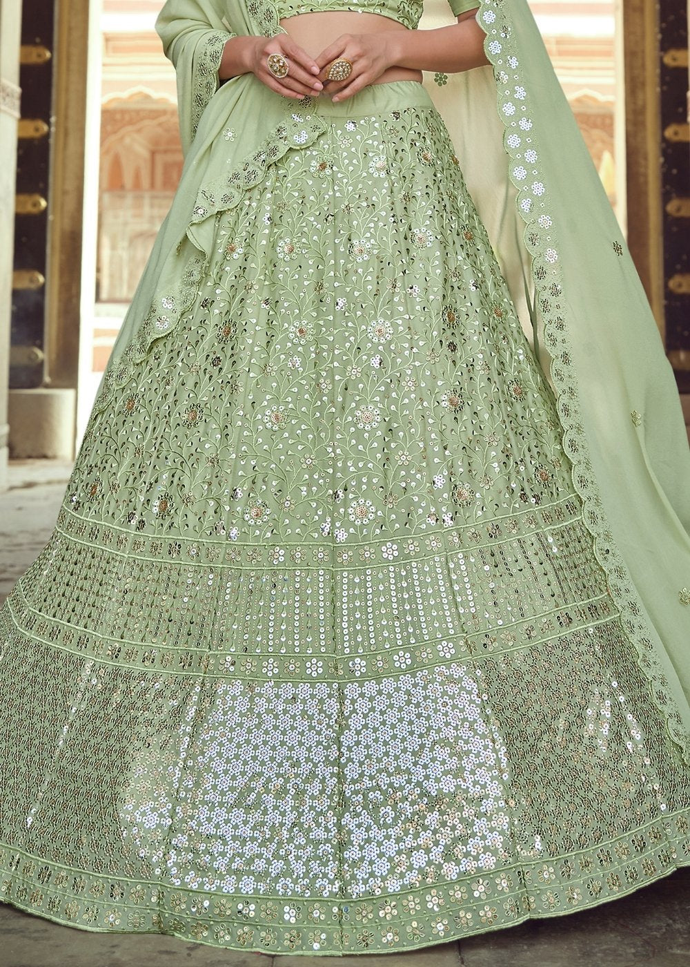 Mint Green Georgette Lehenga Choli with Sequins & Thread work