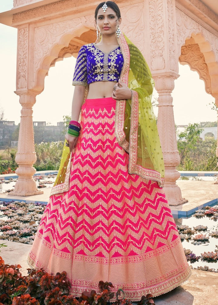 Hot Pink Brocade Silk Lehenga with Embroidered Raw Silk Blouse