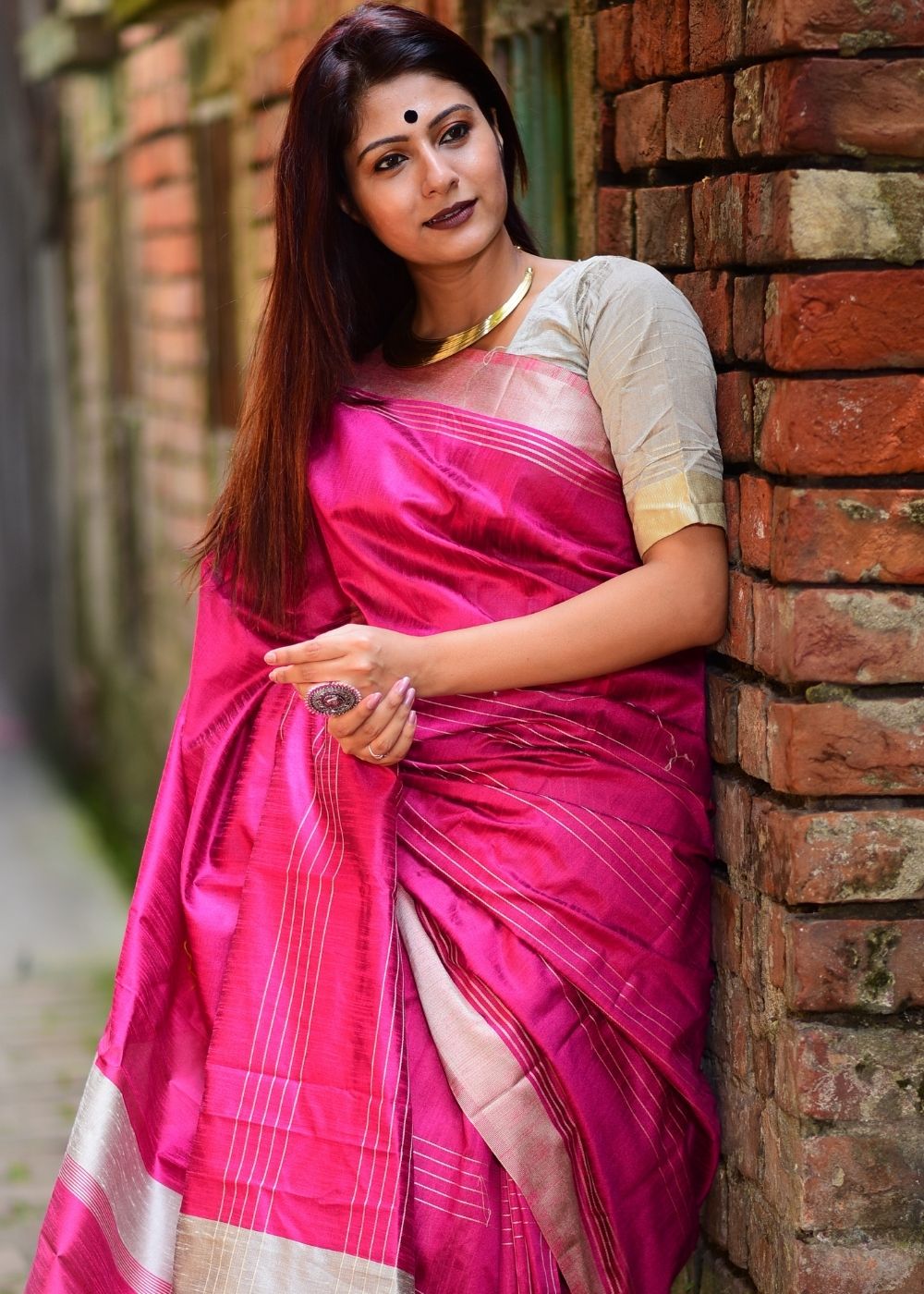 Hot Pink Designer Raw Silk Saree