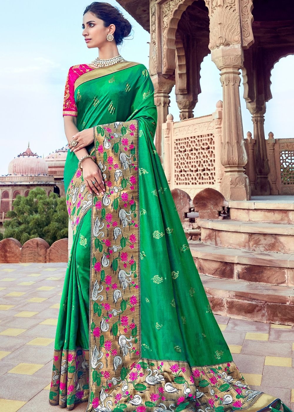 Green Banarasi Silk Saree with Thread Embroidery