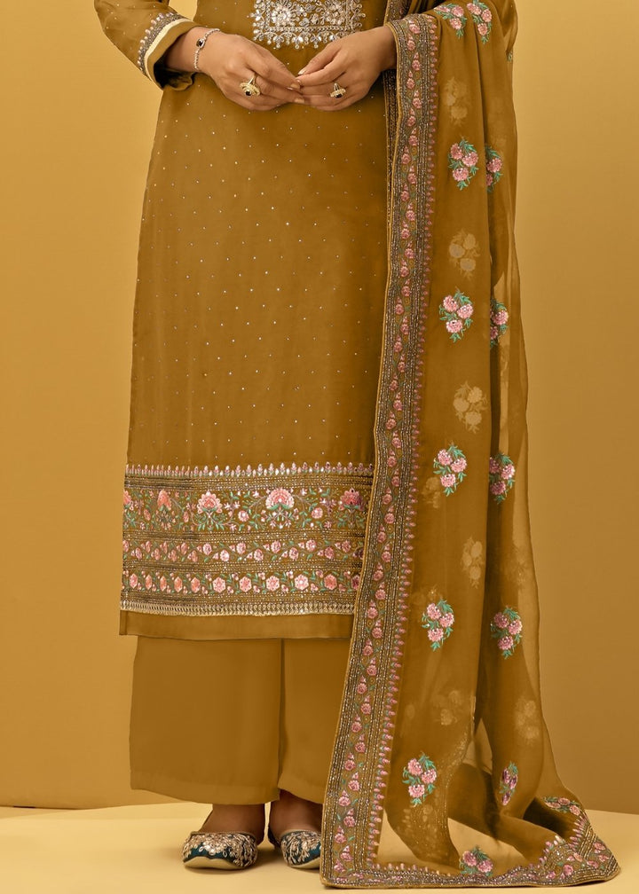 Mustard Yellow Georgette Salwar Suit with Thread, Zari & Cording Embroidery work