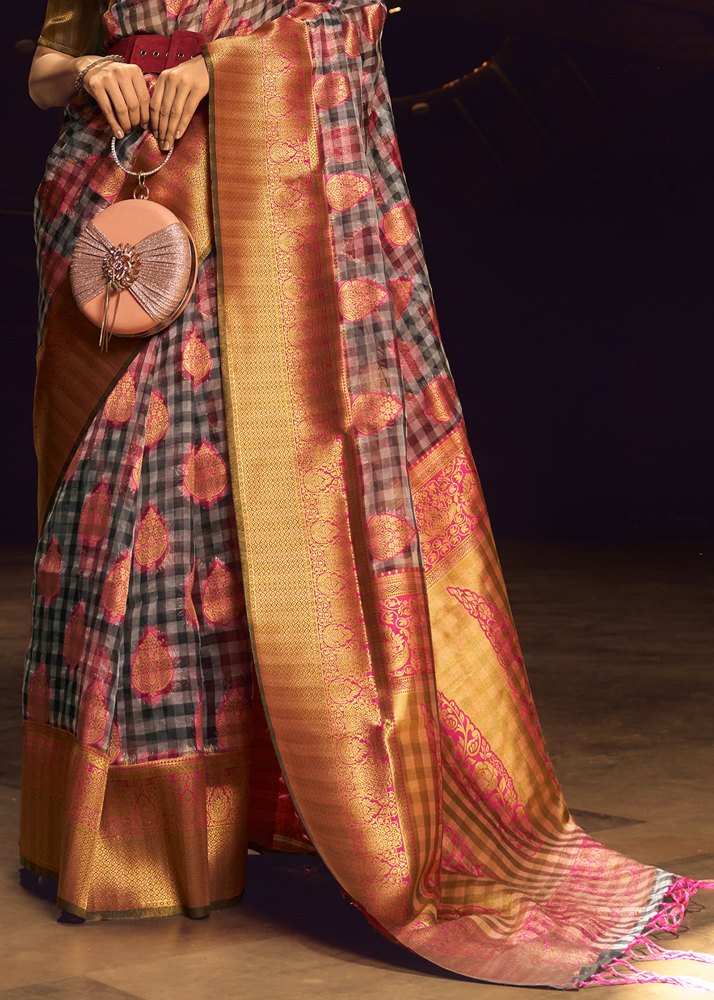 Rusty Grey Zari Woven Banarasi Silk Saree
