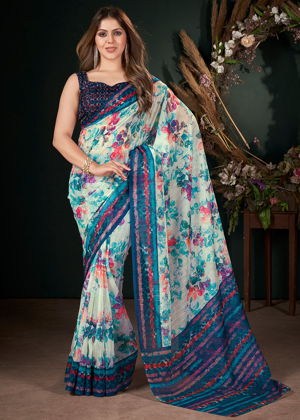 Shades Of Blue Floral Digital Printed Silk Saree with Sequence Weave