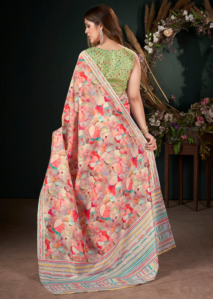 Multicolored Floral Digital Printed Silk Saree with Sequence Weave