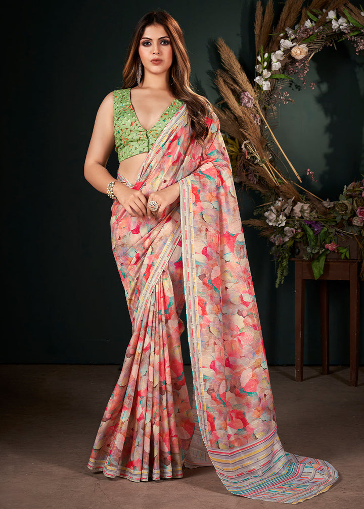 Multicolored Floral Digital Printed Silk Saree with Sequence Weave