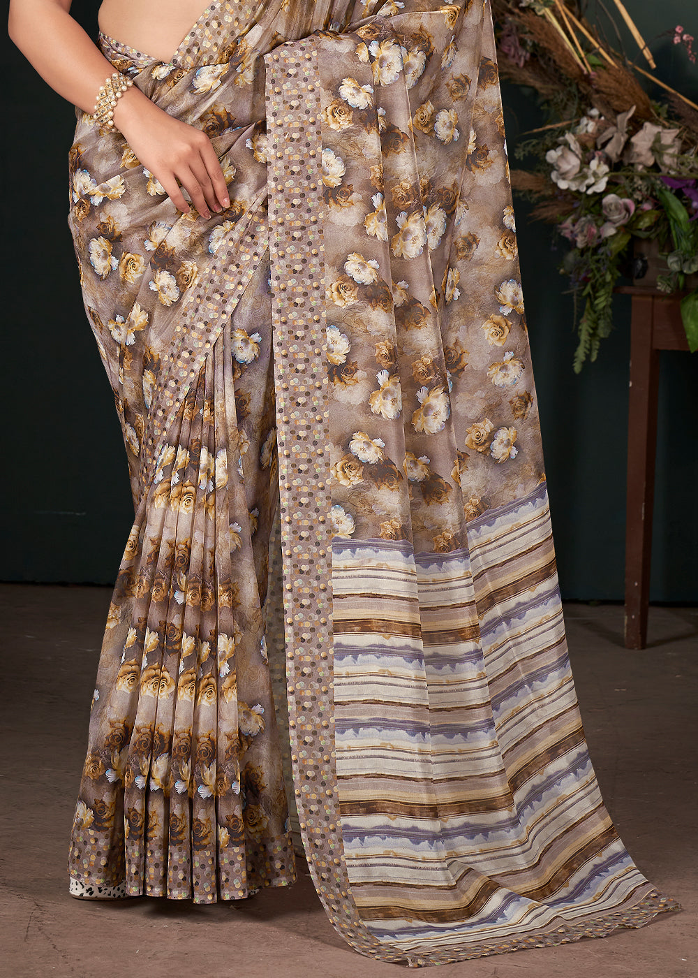 Shades Of Brown Floral Digital Printed Silk Saree