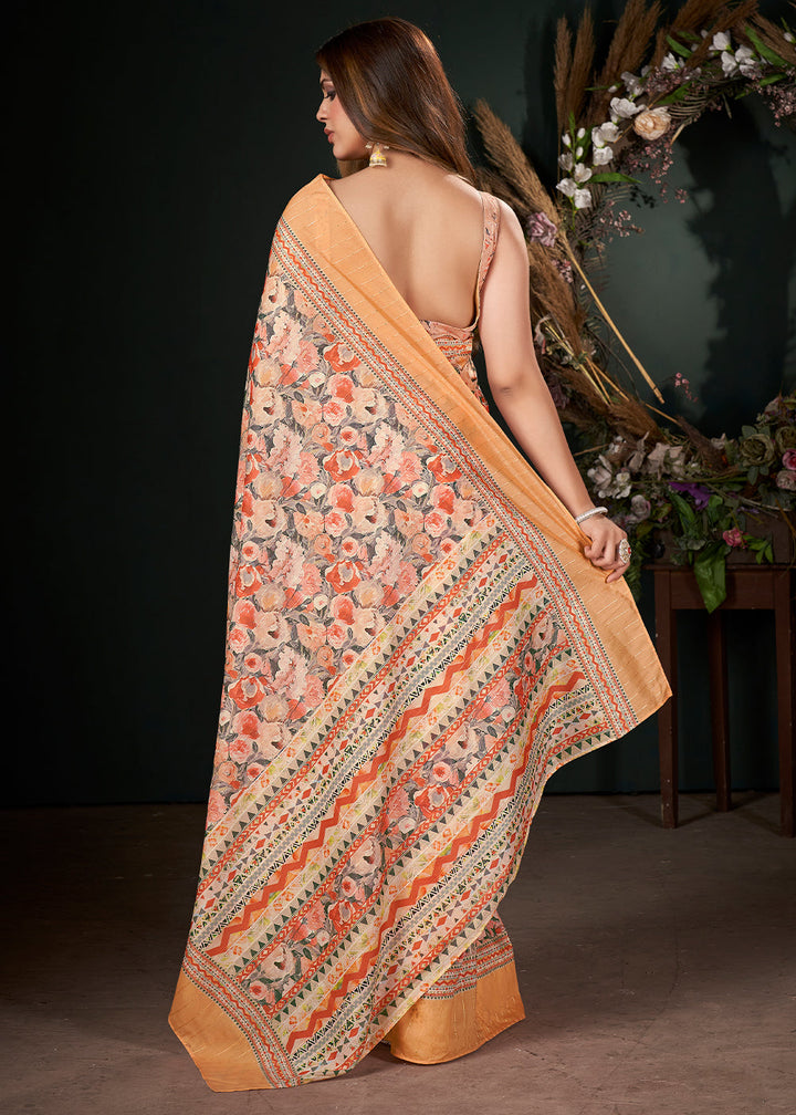 Shades Of Yellow Floral Digital Printed Silk Saree with Sequence Weave