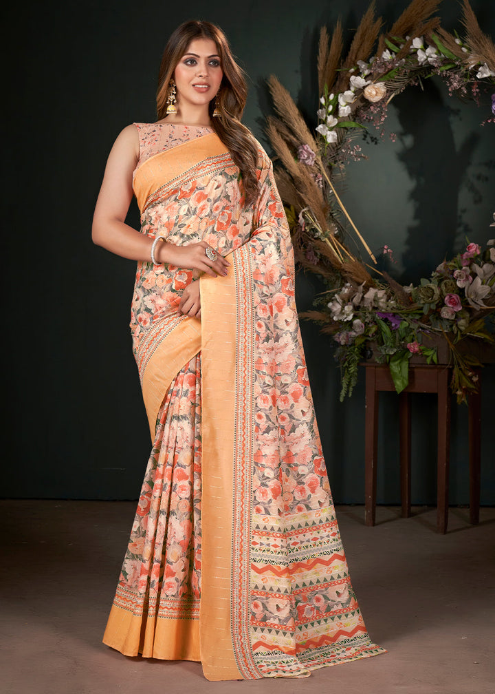 Shades Of Yellow Floral Digital Printed Silk Saree with Sequence Weave