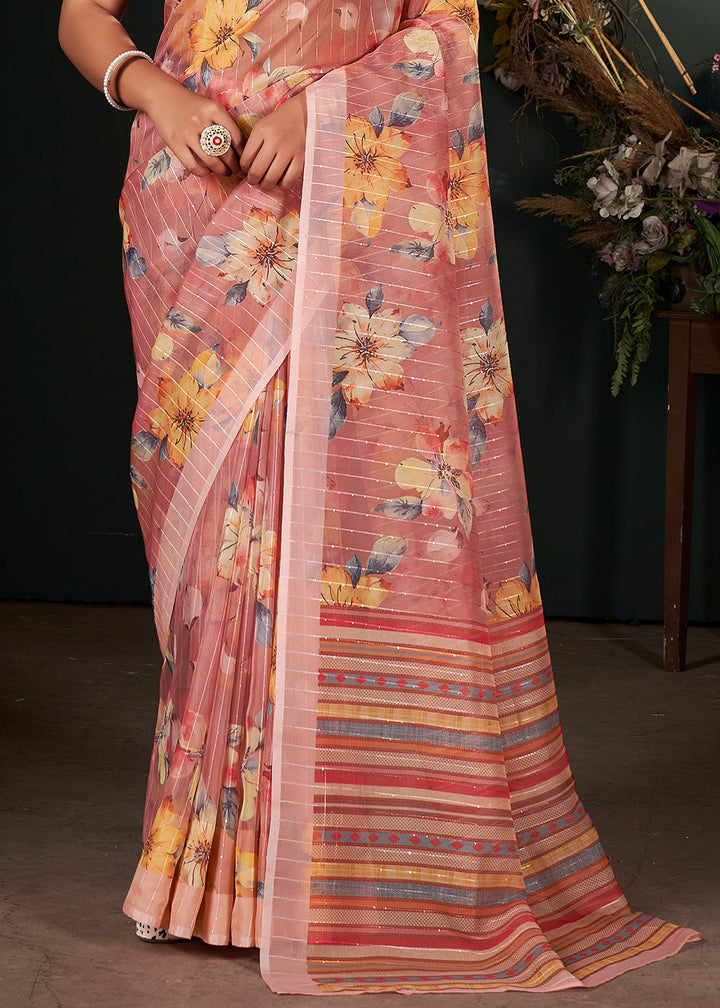 Shades Of Pink Floral Digital Printed Silk Saree with Sequence Weave