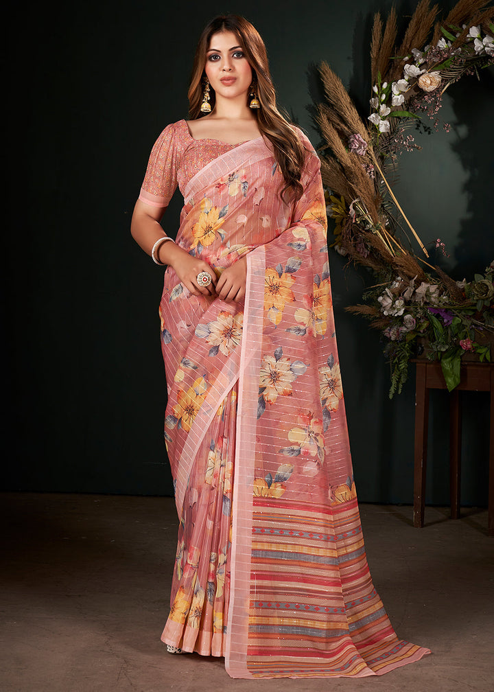 Shades Of Pink Floral Digital Printed Silk Saree with Sequence Weave