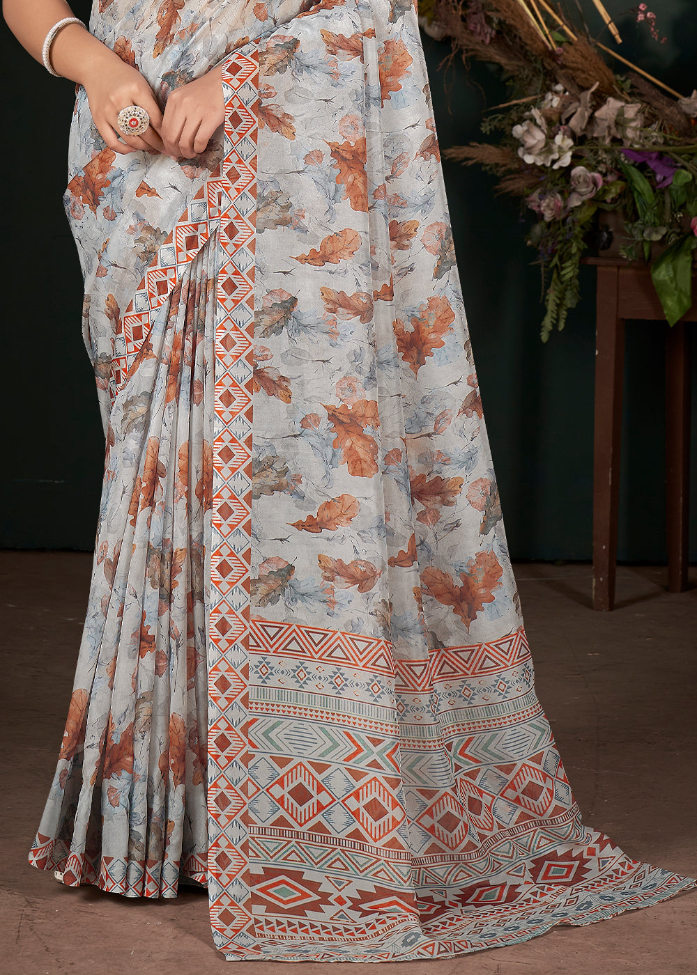 Shades Of Grey Floral Digital Printed Silk Saree with Sequence Weave