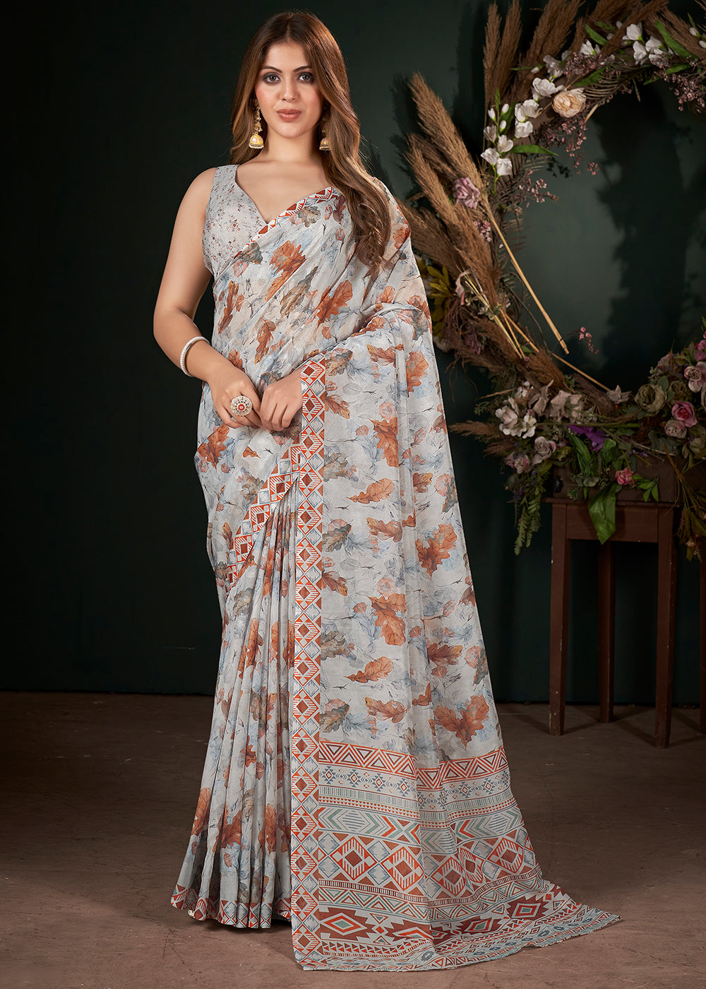 Shades Of Grey Floral Digital Printed Silk Saree with Sequence Weave