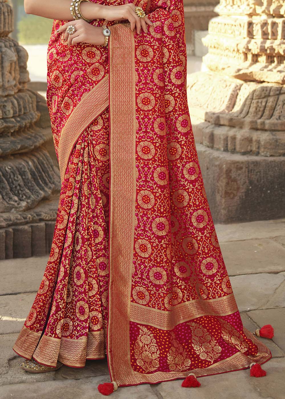 Bridal Red Woven Banarasi Silk Saree with Embroidered Blouse