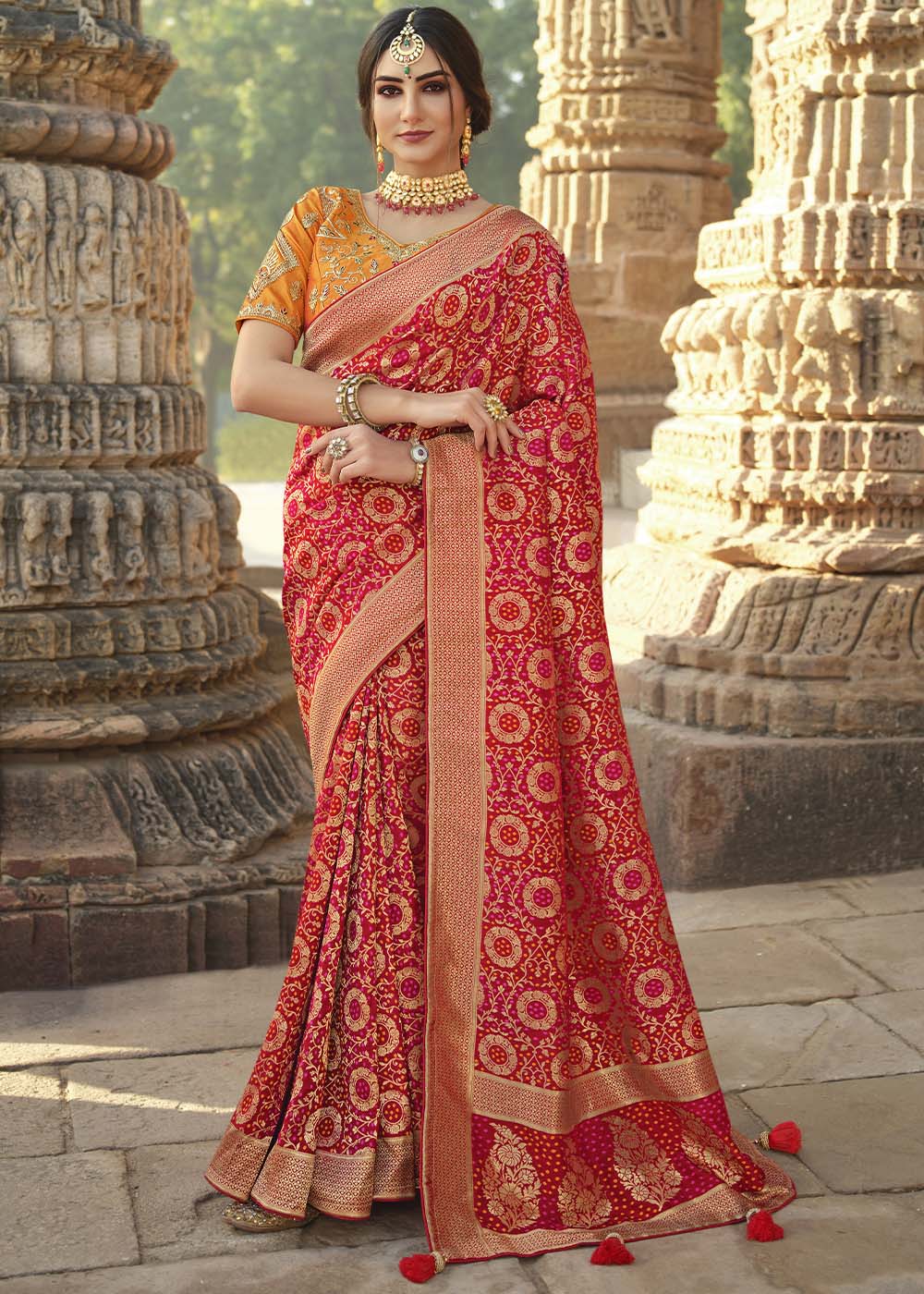 Bridal Red Woven Banarasi Silk Saree with Embroidered Blouse