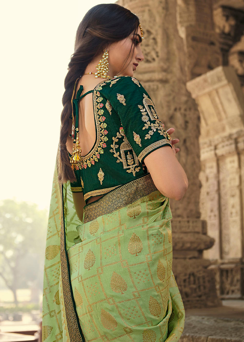 Pastel Green Woven Banarasi Silk Saree with Embroidered Blouse