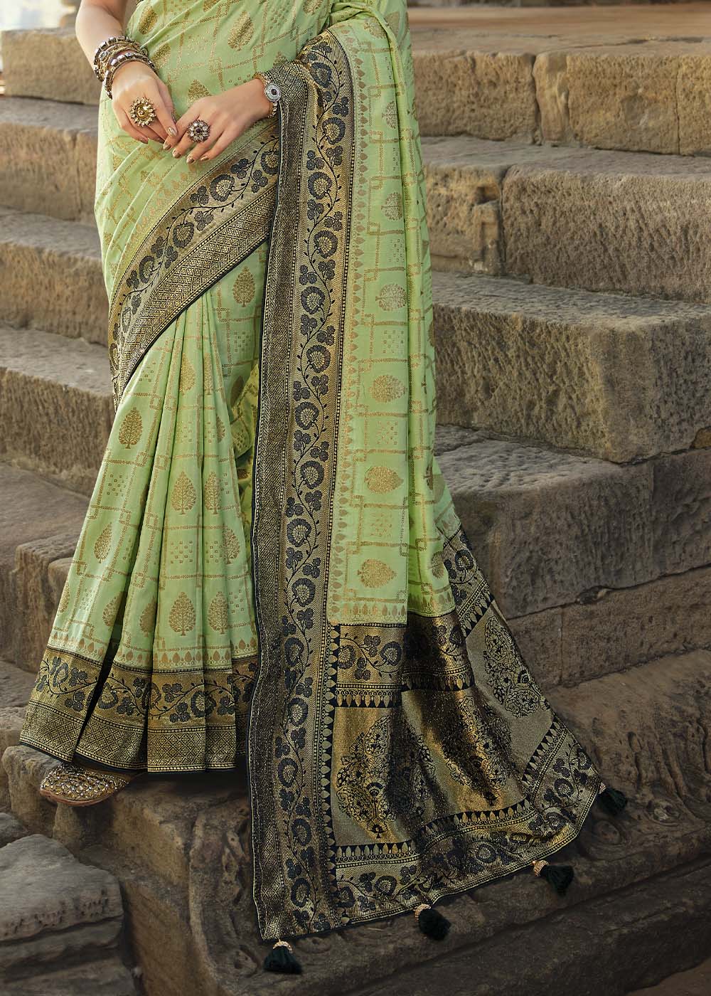 Pastel Green Woven Banarasi Silk Saree with Embroidered Blouse