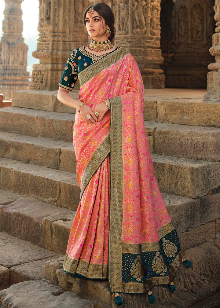 Shades Of Pink Woven Banarasi Silk Saree with Embroidered Blouse : Top Pick
