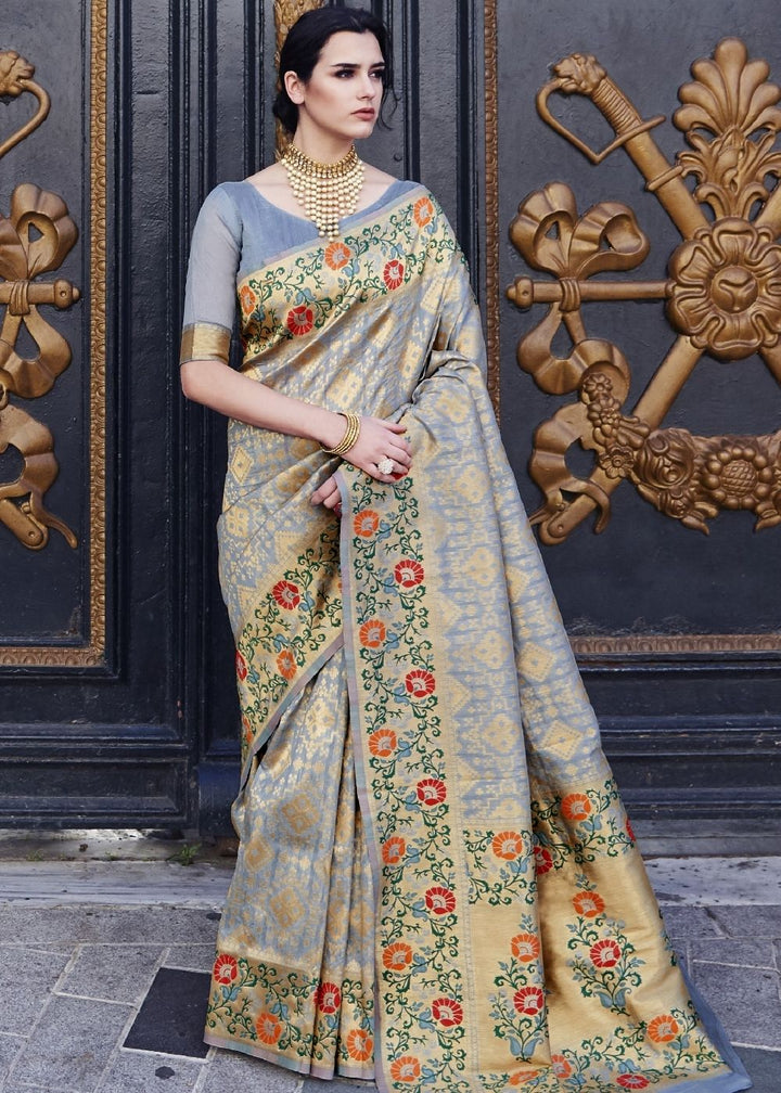 Flint Gray and Golden Blend Silk Saree with Floral Woven Border and Pallu