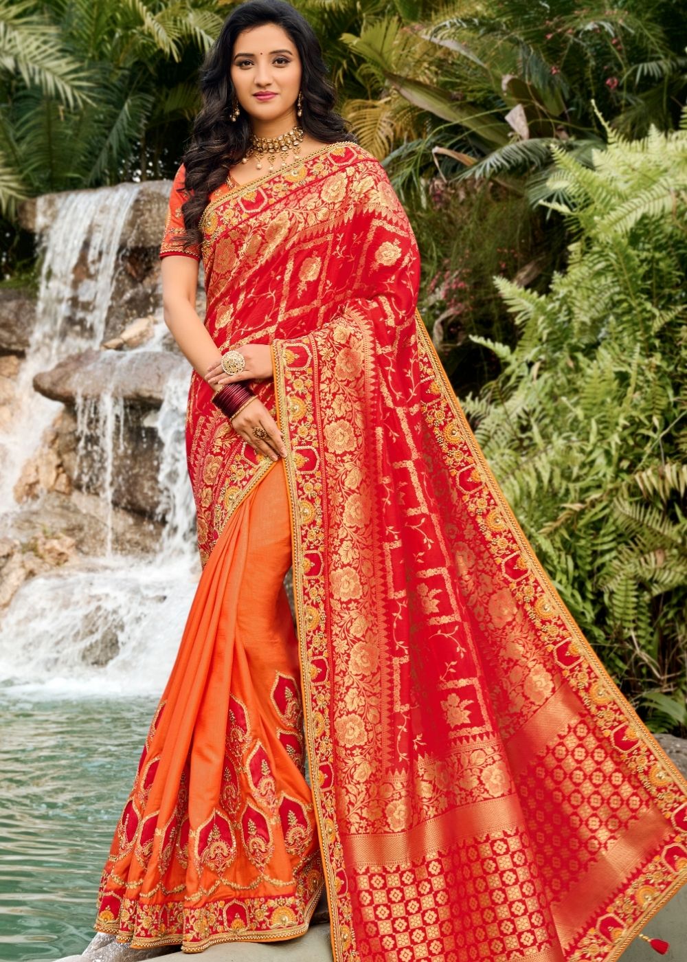 Orange and Red Half N Half Silk Saree with Embroidered work