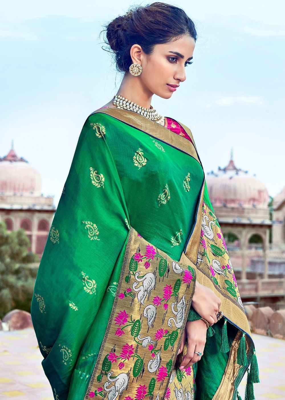 Green Banarasi Silk Saree with Thread Embroidery