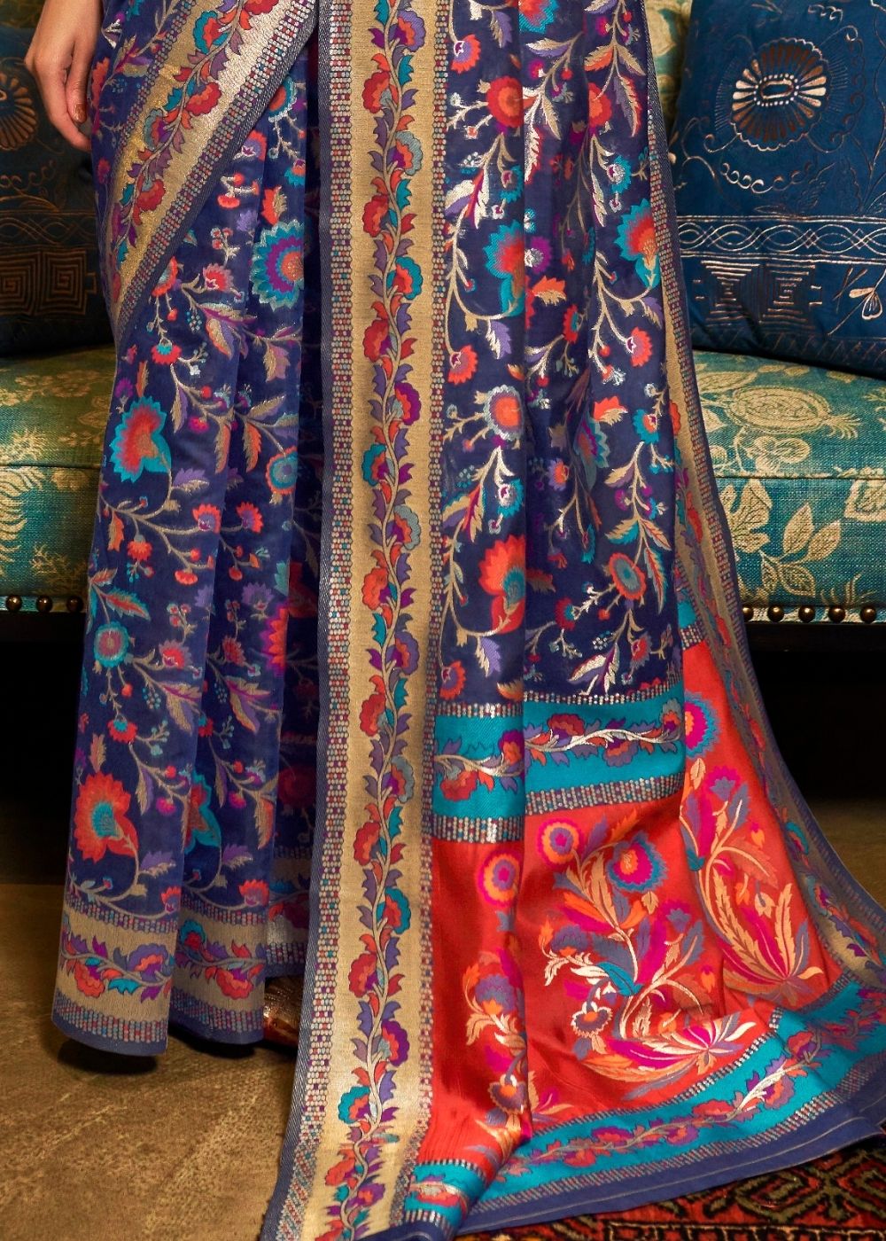 Space Blue Banarasi Jamawar Woven Silk Saree