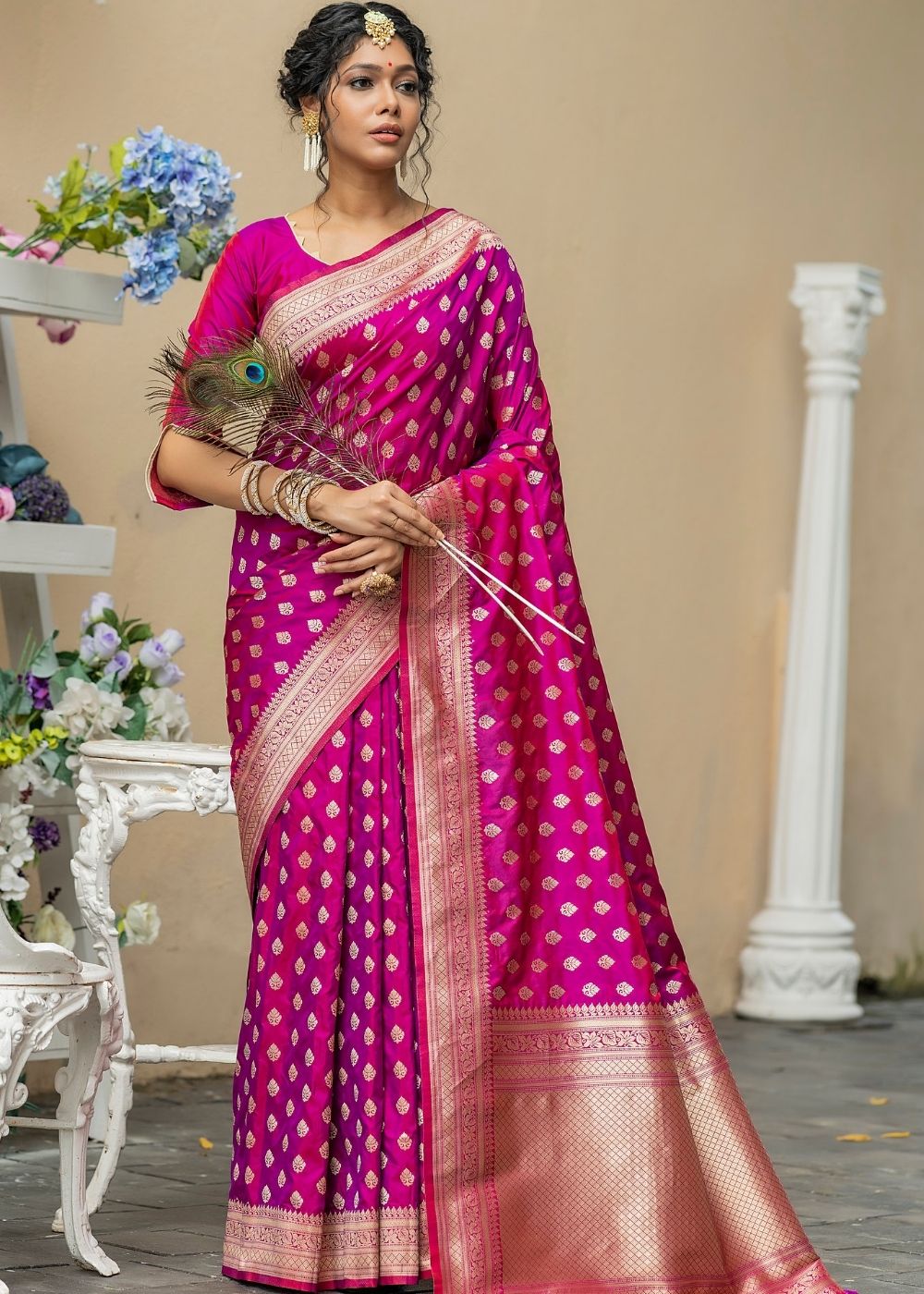Magenta Purple Soft Banarasi Silk Saree with overall Butti – Ethnos