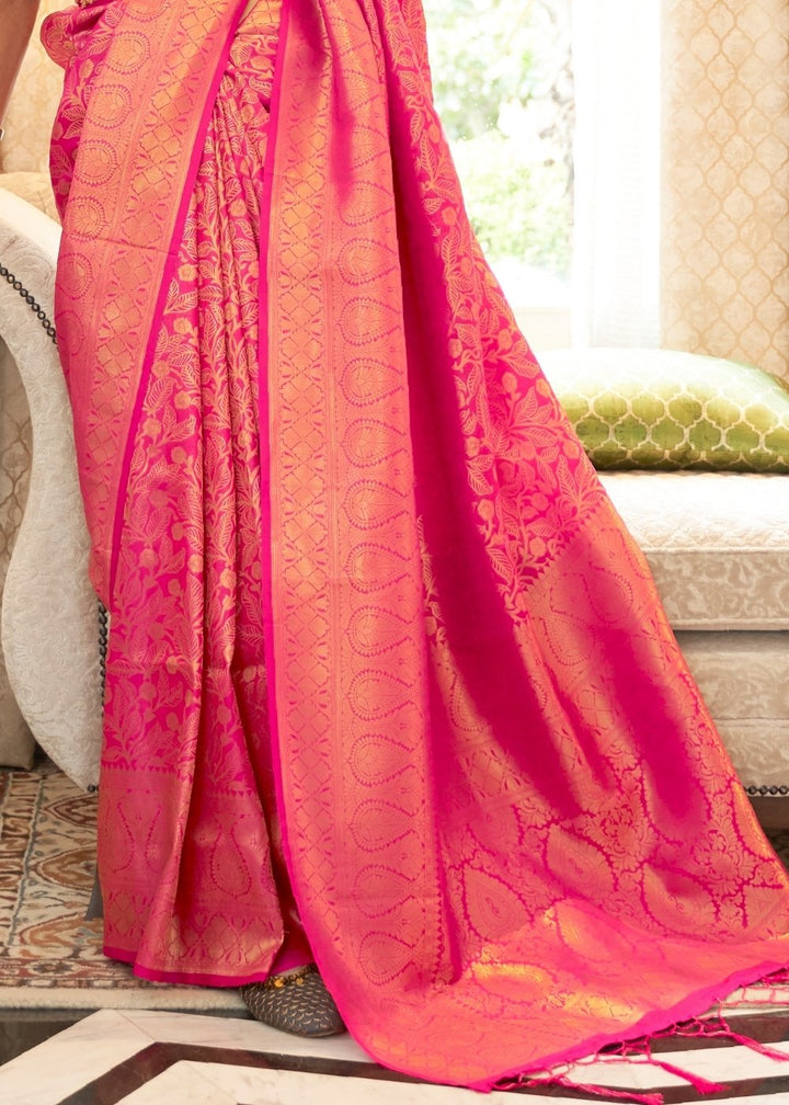 Hot Pink Zari Woven Kanjivaram Silk Saree with Tassels on Pallu