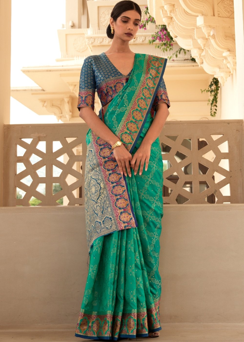 Jade Green Woven Soft Banarasi Silk Saree with Contrast Pallu & Blouse