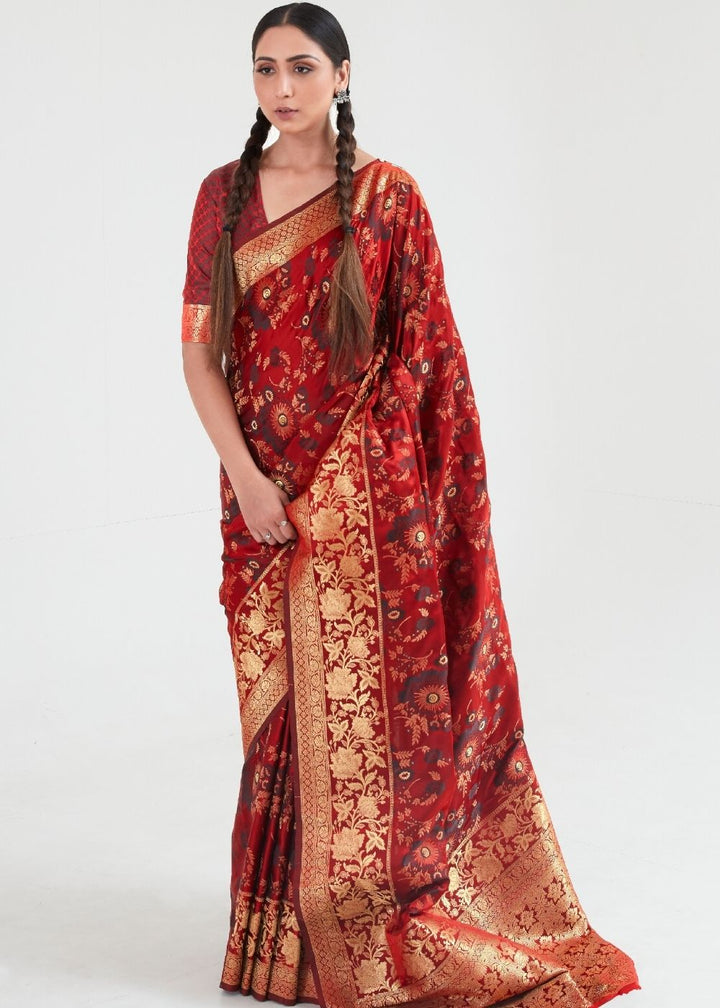 Maroon Red Zari Woven Banarasi Silk Saree