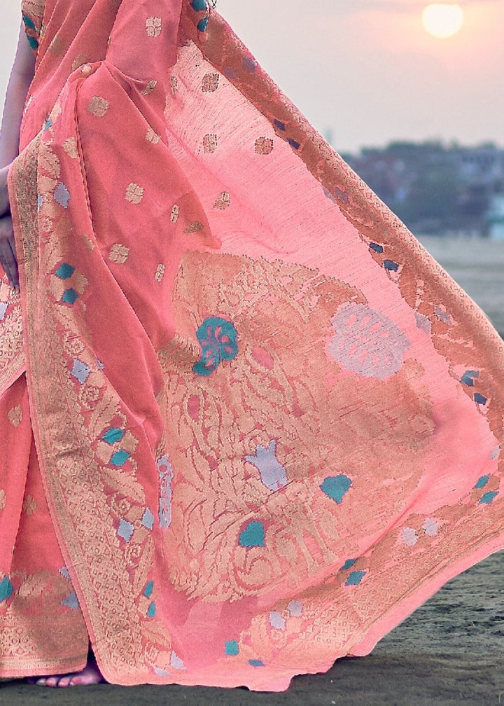 Punch Pink Woven Linen Silk Saree with Floral Motif on Pallu and Border