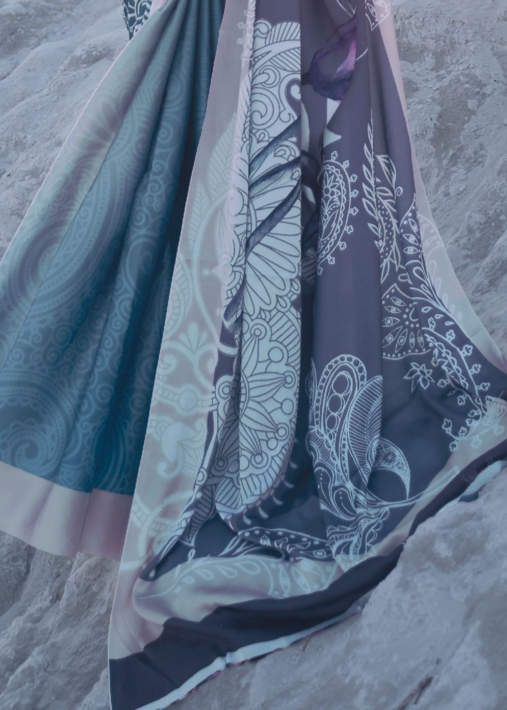 Cerulean Blue and Violet Digital Printed Crepe Silk Saree