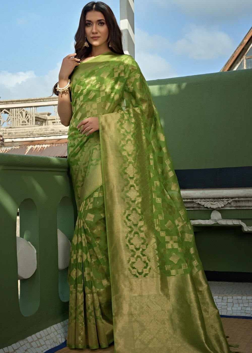 Apple Green Zari Woven Organza Silk Saree