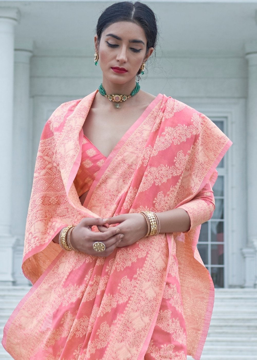 Taffy Pink Lucknowi Chikankari Weaving Silk Saree