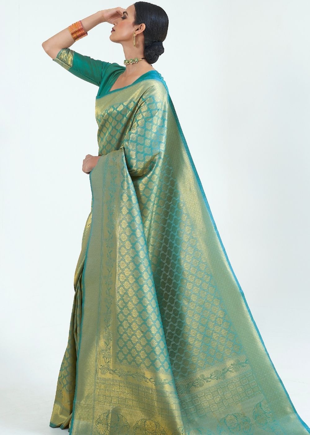 Persian Green Woven Kanjivaram Silk Saree : Limited Edition – Ethnos