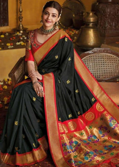 Midnight Black Gold Zari Woven Paithani Silk Saree with Designer Blouse