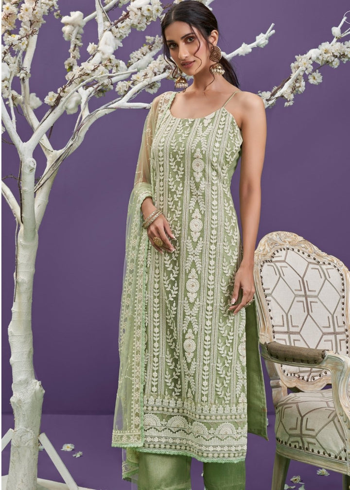 Pista Green Net Lucknowi Salwar Suit with Cotton Thread Embroidery & Sequence work(Pre-Order)